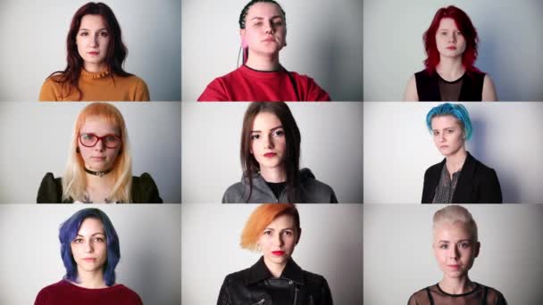 Retratos de mujeres jóvenes serios modernos en el estudio, collage — Vídeos de Stock