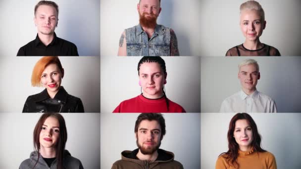 Портреты молодых улыбающихся современных людей в студии, коллаж — стоковое видео