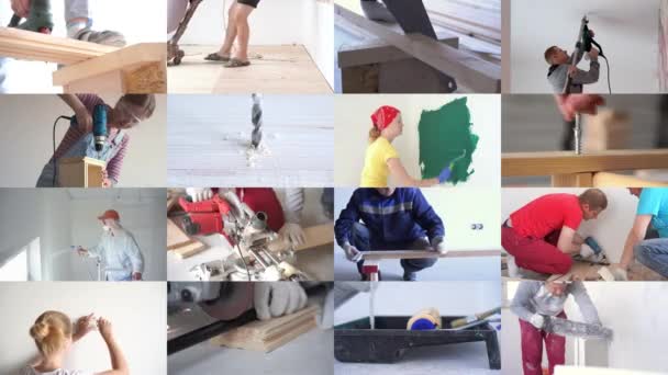 Trabajos de reparación, collage, varias personas hacen reparaciones en la habitación — Vídeo de stock