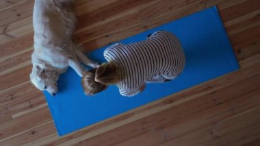 Evde kal. Karantina sırasında oturma odasında yoga yapan bir kadın. Yakınlarda büyük bir köpek yatıyor..