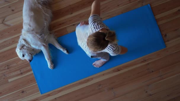 Quédate en casa. mujer haciendo yoga en la sala de estar durante la cuarentena, un perro grande está tirado cerca . — Vídeo de stock