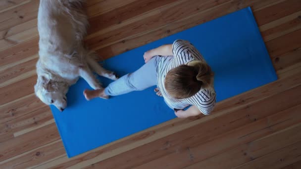 Stanna hemma. kvinna som gör yoga i vardagsrummet under karantän, en stor hund ligger i närheten. — Stockvideo