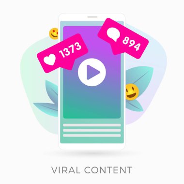 Viral pazarlama içeriği - akıllı telefon ekranında yüzlerce beğeni ve yorum toplayan gülen emoji ifadeleri içeren dikey video. İnternet mim oluşturma, kitlesel paylaşımlı içerik kavramı.