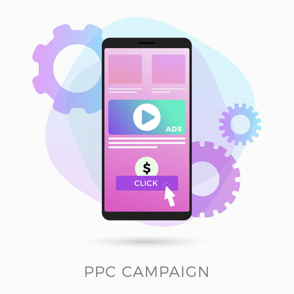 PPC - Pay Per Click advertising, conversion and marketing flat vector concept with icons and texts. Smartphone with content on the screen and the "pay" button after a click.