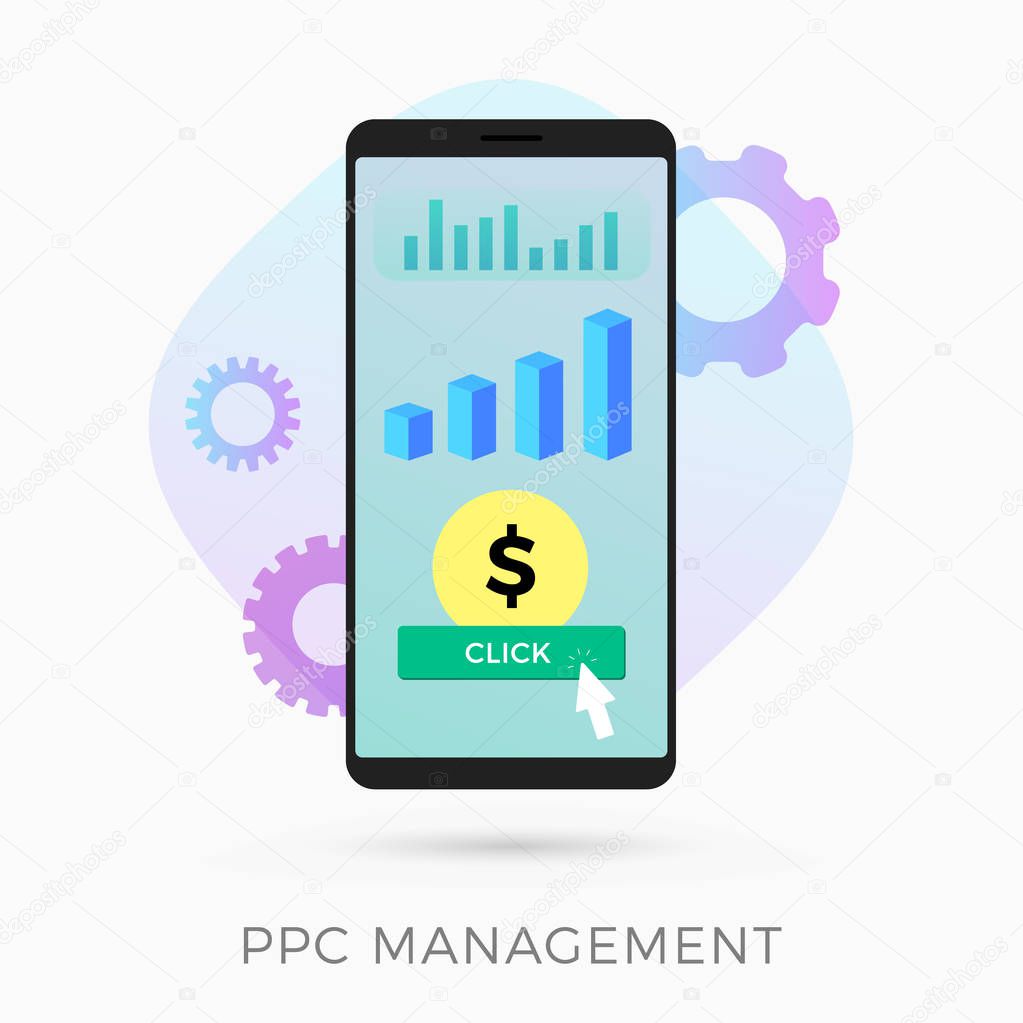 PPC management - digital media campaign flat vector icon. Pay Per Click search engine advertising concept illustration isolated on white background.