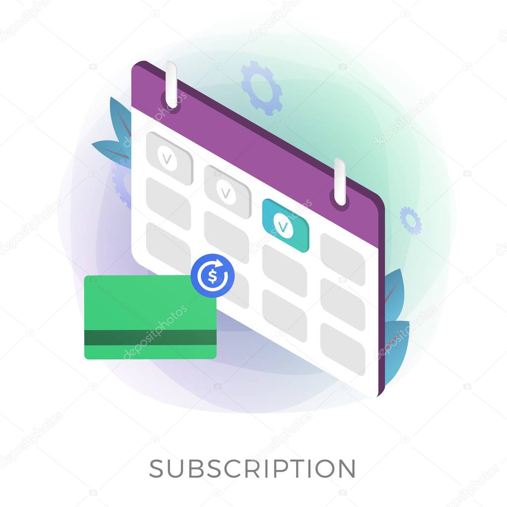 Subscription payment flat isometric vector icon. Monthly subscription basis fee concept. Credit Bank card with a recurring payment icon and calendar with monthly payment date for a registered member