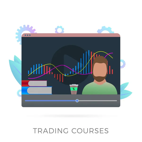 Online Trading Cursussen platte vector pictogram concept. Cryptogeld, forex of effectenbeurs academie met video webinar lessen onderwijs. Een bebaarde man leidt een les op de achtergrond van macd grafiek — Stockvector