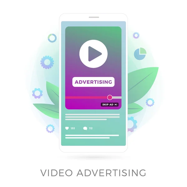 Video Advertising flat vector icon. Digital marketing with online broadcasting and streaming video content, business concept. Ads media on mobile smart phone screen isolated on white background. — 스톡 벡터