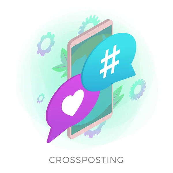 Crossposting - dezelfde boodschap op meerdere sociale media plaatsen. Smm marketing met klant attractie campagne. Flat isometric vector icon met hashtag, cross-posting tekst en als icoon. — Stockvector