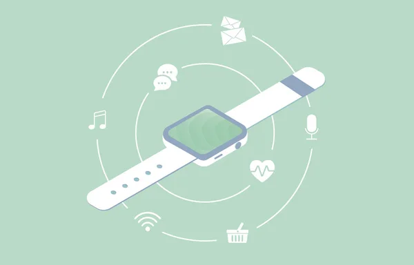 Smartwatch wearable wireless fitness gadget icon. Isometric smartwatch screen and other technology functions vector icons around isolated on light background — 스톡 벡터