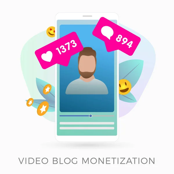 视频博客货币化平面矢量图标概念。 智能手机屏幕上带有胡子的vlogger影响者的垂直视频，它收集了数百种喜欢的东西和带着微笑的情感的评论. — 图库矢量图片