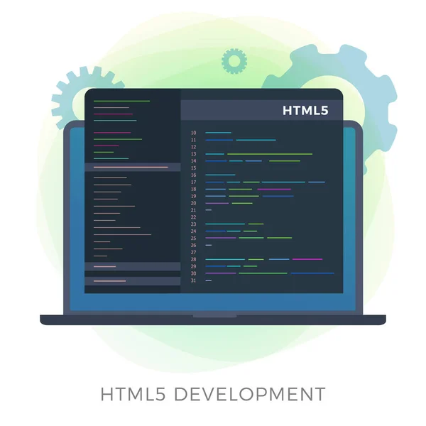 HTML5 Development flat vector icon. Internet website programming language. HTML code optimization and programmer script writing. Laptop with software code window screen. — Stock Vector