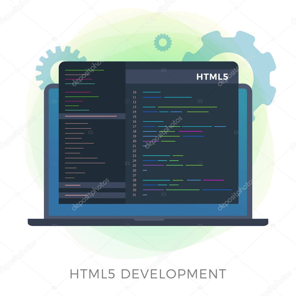 HTML5 Development flat vector icon. Internet website programming language. HTML code optimization and programmer script writing. Laptop with software code window screen. 