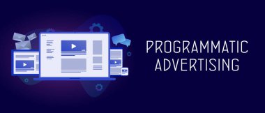 Programmatic Advertising with Cross-device and multi target audience ads strategy. Targeting Native marketing concept. Header and footer banner template with text and mobile gadgets icon clipart