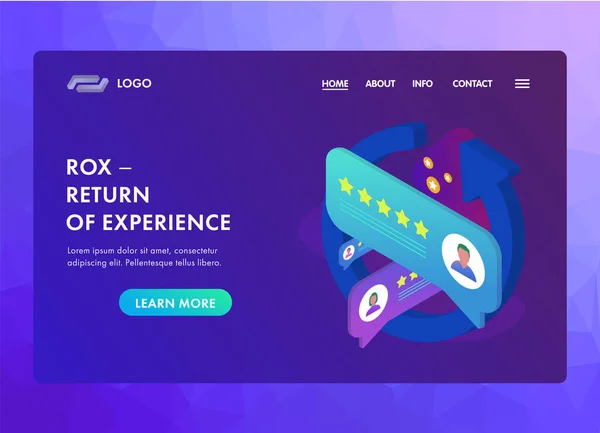 O modelo de vetor web Return On Experience (ROX) UI UX ou landing page. Métrica com a qual os profissionais de marketing medem a experiência de compra de seus consumidores. Conceito de vetor isométrico plano e ilustração — Vetor de Stock