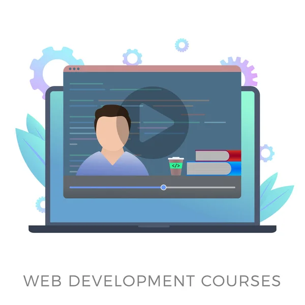 Web development online courses or webinar conference vector icon concept. Uomo con libri di addestramento, caffe ', sullo sfondo della finestra del codice di programmazione. Istruzione on-line, conferenze e formazione — Vettoriale Stock