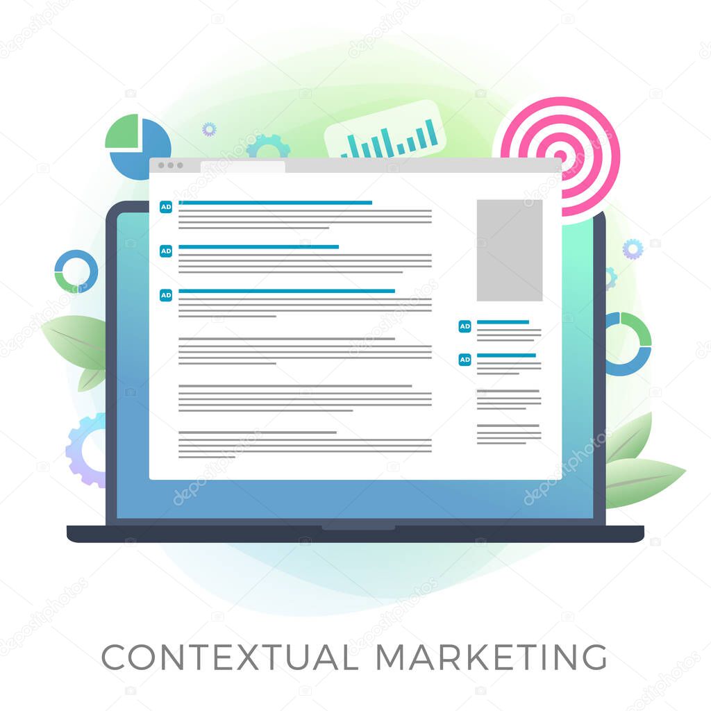 Contextual Marketing campaign vector icon. Context ppc online advertising with laptop ads and graph, arrow and profit icons. Concept of analytics, strategy, profit growth and successful result.