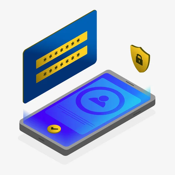 Isometrische Mobile Security App modernes Konzept. Anwendungssperrsoftware auf dem Smartphone-Bildschirm mit Anmelde- und Passwortformular und Sicherheitsschloss-Symbol. Schutz beim drahtlosen Einkaufen per Telefon bezahlen. — Stockvektor