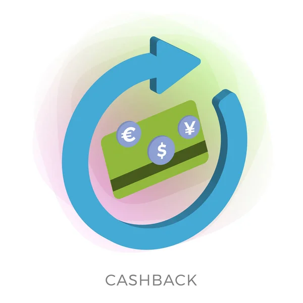 Cashback beloning programma en geld terug platte vector concept. Besparen geld pictogram met grote terugkerende pijl en dollar, euro en yuan munten druppelen in credit bank card geïsoleerd op witte achtergrond — Stockvector