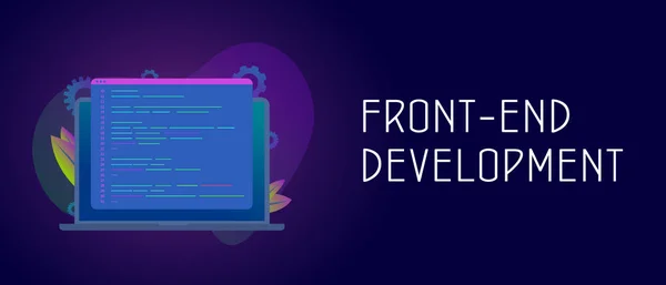 Conceito de vetor de desenvolvimento front-end com laptop e javascript ou janela de código html. Modelo de banner de cabeçalho ou rodapé com cores violetas escuras modernas . — Vetor de Stock