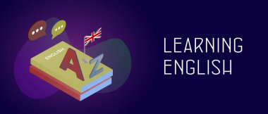 İngilizce dili konsepti öğreniyorum. İngilizce Ders kitapları ve İngiltere bayrağı, Latin alfabesinin A ve Z harfleri. E- öğrenme ve başlık sancak web şablonu ile metin