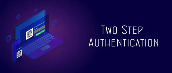 Concepto seguro de autenticación de dos pasos. Habilitar 2FA 2 pasos código de contraseña de verificación. Smartphone isométrico y portátil con el formulario de inicio de sesión de autenticación UI UX. Plantilla de banner de encabezado y pie de página con texto — Vector de stock