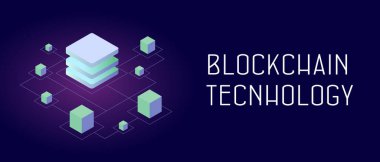 Blockchain technology - P2P distributed ledger technology (DLT) smart block chain decentralized secure storage. Abstract isometric blocks connected to each other by one line. Header and footer banner