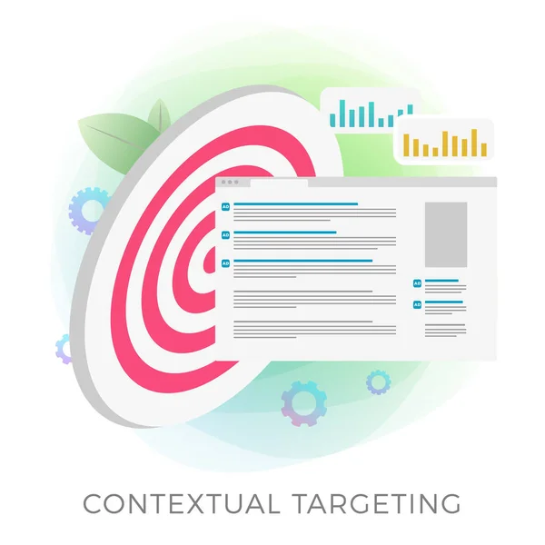 Orientación contextual, concepto de campaña de marketing. Contexto ppc publicidad en línea con anuncios para portátiles e iconos de gráficos, flechas y ganancias. Concepto de análisis, estrategia, crecimiento de beneficios y resultado exitoso . — Vector de stock