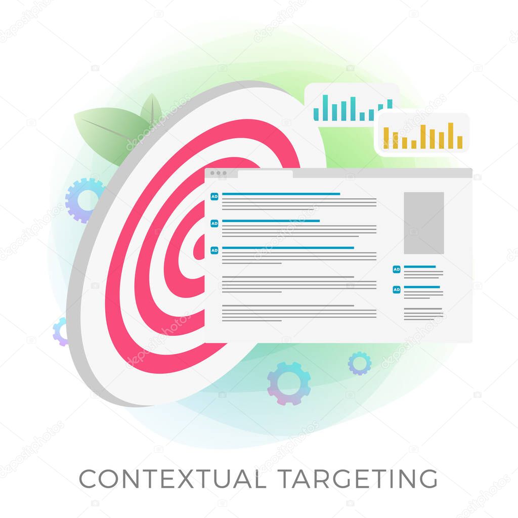 Contextual Targeting, marketing campaign concept. Context ppc online advertising with laptop ads and graph, arrow and profit icons. Concept of analytics, strategy, profit growth and successful result.