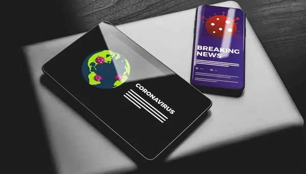 Coronavirus News Updates on Mobile Gadget Screens - notification on smartphone and tablet pc. Covid-19 pandemic news headlines for online agencies reporting the number of 2019-ncov virus infected