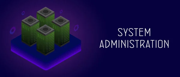 Amministratori di sistema o banner orizzontale di sysadmin IT con rack server. Servizi di banche dati e processi di amministrazione dei sistemi, configurazione dei sistemi informatici e concezione delle reti di manutenzione — Vettoriale Stock