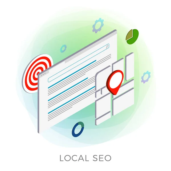 Local SEO Marketing Strategy vector isometric icon. Search results regarding your location, displaying local stores and services near you. Website Search Engine with GPS and geotag sign on city map. — Stock Vector