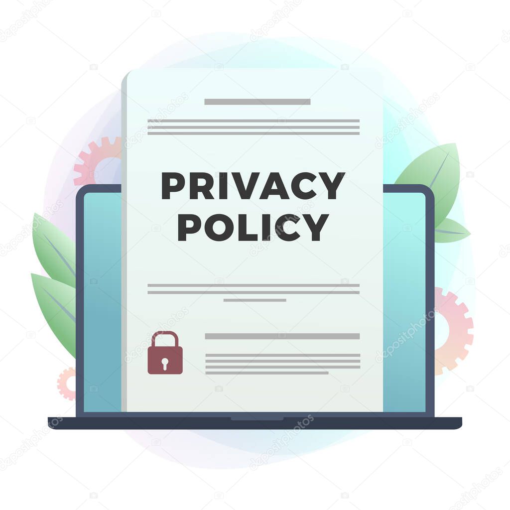 Privacy Policy - Security Data Access flat vector icon. Contract with protection information, shield icon on laptop. Cyber Security Business Internet Technology Concept isolated on white background
