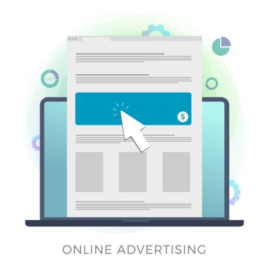 Çevrimiçi Reklam Düz Vektör Simgesi Konsepti. İnternet sayfası ve büyük afiş reklamı olan bir dizüstü bilgisayar ekranı ve üzerine tıklayarak beyaz arkaplanda izole edilmiş fare imleç simgesi. Reklam pazarlama teknolojisi