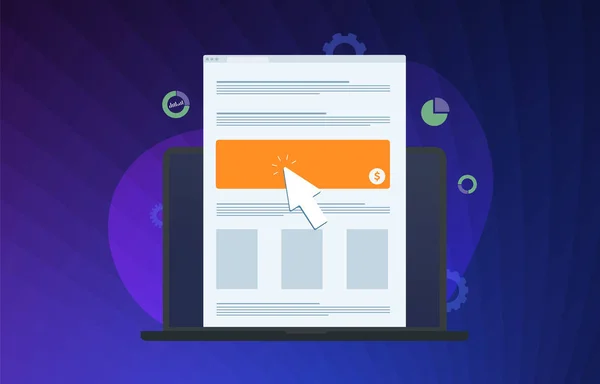 Online Reklam kampanj platt vektor ikon koncept. En bärbar skärm med internet webbsida och stor annons banner och muspekaren ikonen som klickar på den. Reklammarknadsföringsteknik — Stock vektor
