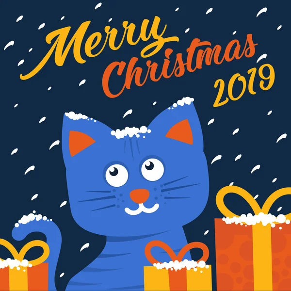 かわいい漫画の子猫と一緒にメリー クリスマス カード。フラットなデザイン. — ストックベクタ