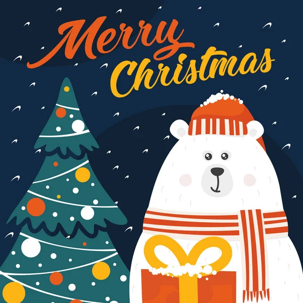 Christmas holiday card with a white polar bear. — Stock Vector