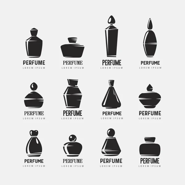 Set de diferentes tipos de frascos de perfume. Botellas de perfume iconos conjunto . — Vector de stock