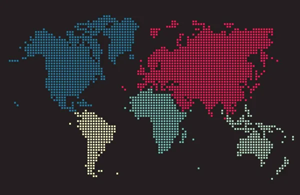 Mapa do mundo quadrado, cinco cores no fundo cinza escuro — Vetor de Stock