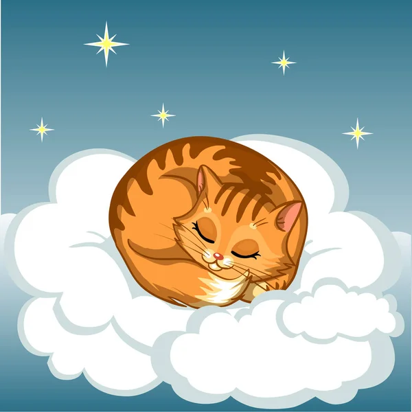 Cute Cat  Sleeping On The Cloud. Sweet Good Night Cartoon Vector — Stock Vector