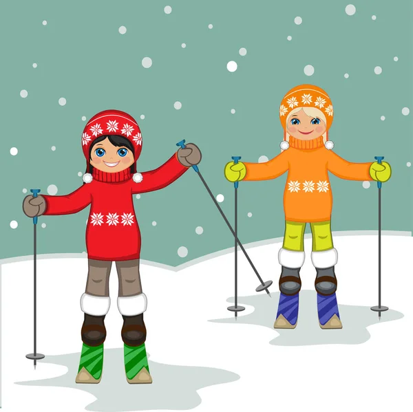 Ευτυχής παιδιά σκι σε εξωτερικούς χώρους το χειμώνα — Διανυσματικό Αρχείο