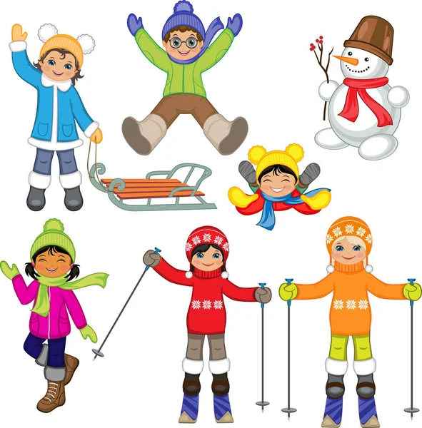Ευτυχής παιδιά παιχνίδι, χειμώνα, κορίτσια, αγόρια, έλκηθρο, σκι, χιονάνθρωπος, Γουάιτ φόντο, διάνυσμα — Διανυσματικό Αρχείο