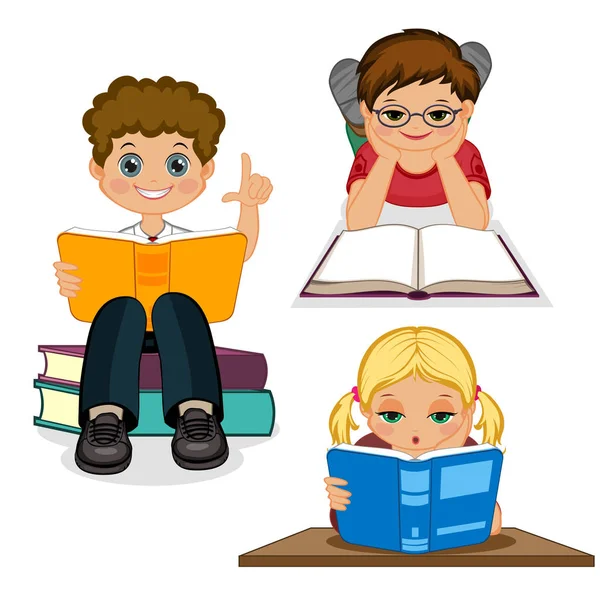 Χαριτωμένα παιδιά ανάγνωση του βιβλίου, κάθεται, ψέματα, διάνυσμα — Διανυσματικό Αρχείο