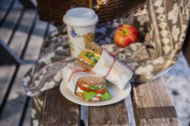 Piknik sandviç, meyve suyu ve elma ile doğada.