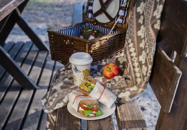 Picnic in the nature with sandwiches, juice and apples.
