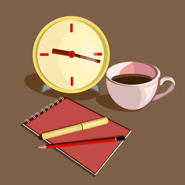 Trabajo de negocios con reloj, bolígrafo. lápices y taza de café — Vector de stock