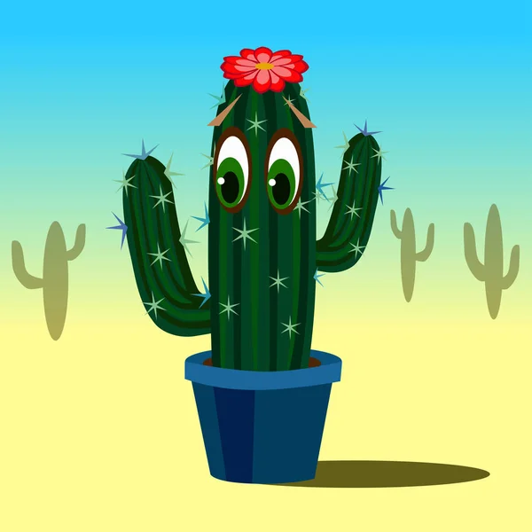 Lindo cactus de dibujos animados con ojos en maceta . — Vector de stock