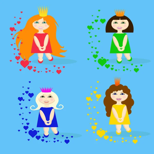 Set of small princesses with hearts Royalty Free Stock Vectors