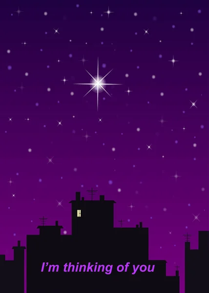 Città di notte, cielo viola e una grande stella — Vettoriale Stock