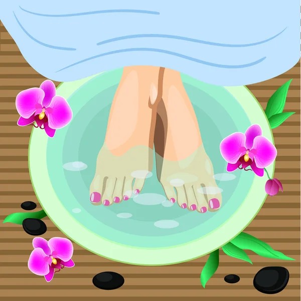 Vector Ilustración Pies femeninos en el procedimiento de pedicura spa. Piernas, flores y piedras — Vector de stock